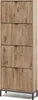 A tall, narrow cabinet with four flip-down drawers, made of wood with a ribbed texture, standing on thin metal legs. Anteprima dell’immagine prodotto