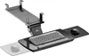 A black under-desk keyboard tray with a keyboard and mouse on it, mounted to a bracket that attaches to the underside of a desk. Voir les images du produit