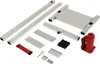 A collection of parts for an apple wine press, including metal frame pieces, screws, a wrench, and a red hydraulic jack. Náhled obrázku produktu