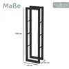 A product image showing a black metal firewood rack with dimensions indicated. Produktbild-Vorschau