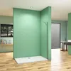 A modern bathroom with a walk-in shower stall and wooden floor. Produktbild-Vorschau
