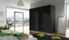 A modern bedroom with a large window overlooking a city, featuring a black sliding door wardrobe. Náhľad obrázku produktu