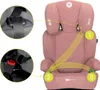 A pink child car seat with yellow lines indicating how a seatbelt should be routed. Náhled obrázku produktu