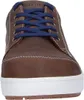 A close-up, front-facing view of a brown Birkenstock shoe with blue laces and a white sole. Produktbild-Vorschau