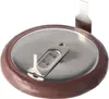 A close-up view of the top of a coin cell battery with two metal tabs attached. Produktbild-Vorschau