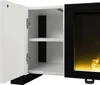 A close-up view of an open cabinet with shelves, next to a black framed electric fireplace. Voir les images du produit