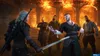 A scene from the video game The Witcher 3: Wild Hunt, showing Geralt of Rivia confronting a group of men in front of a burning building. Podgląd zdjęcia produktu