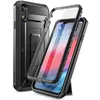 A black phone case with a clear screen protector is shown disassembled, with the phone inside the case. Produktbild-Vorschau