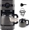 A collage featuring a coffee maker, its accessories, and a separate carafe against a white background. Produktbild-Vorschau