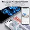 A collage showing a smartphone screen displaying a robot vacuum app with a 3D map of a house, alongside a close-up of a house floor plan with a location pin. Podgląd zdjęcia produktu