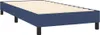 A blue upholstered bed frame with wooden slats and black legs, shown from a side angle against a white background. Produktbild-Vorschau