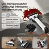 A wet dry vacuum cleaner is shown in action, cleaning up spills and debris on different floor types, with text overlays explaining its cleaning modes and features. Produktbild-Vorschau