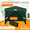 A green pop-up tent with dimensions and included accessories shown. Produktbild-Vorschau