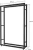 A black metal firewood rack with dimensions indicated by text overlays. Podgląd zdjęcia produktu