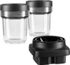 Two clear glass containers with black lids and a black blender blade attachment are shown against a white background. Voir les images du produit