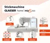A marketing image of a sewing machine with various features highlighted by text and inset images. Produktbild-Vorschau