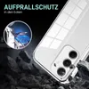 A transparent phone case is shown falling amongst rocks, with a graphic illustrating impact protection. Produktbild-Vorschau
