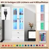 A white display cabinet with glass doors and LED lighting, shown with a USB cable and remote control. Produktbild-Vorschau