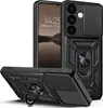 A black armor phone case with a sliding camera cover and a ring holder, shown from multiple angles. Produktbild-Vorschau