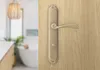 A close-up of a bronze door handle on a wooden door, with a blurred bathroom in the background. Produktbild-Vorschau