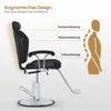 A black barber chair with a headrest, on a silver hydraulic base. Text and diagrams explain the ergonomic design. Produktbild-Vorschau