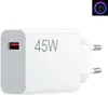 A white Xiaomi 45W fast charging power adapter is shown against a white background. A small inset image in the top right corner shows a phone screen displaying a 100% charge indicator. Produktbild-Vorschau