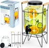 A collage showing a drink dispenser with a tap and stand, its packaging, and individual components. Produktbild-Vorschau