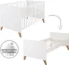A collage showing a white baby crib and a white toddler bed, with an arrow indicating transformation. A circular graphic with icons and text is also present. Produktbild-Vorschau