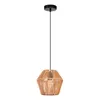 A pendant light with a woven rattan shade and a black cord and ceiling mount, isolated on a white background. Produktbild-Vorschau