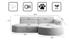 A diagram of a sofa with dimensions and feature icons. Produktbild-Vorschau