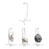 A collage of images showing a white metal stand for hanging chairs, and three different hanging chairs attached to similar stands. Podgląd zdjęcia produktu