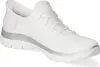 A white Skechers shoe with silver accents is shown against a white background. Produktbild-Vorschau