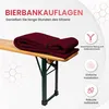 A folded burgundy cushion is placed on a wooden beer bench. There are graphic elements and text overlays describing product features. Produktbild-Vorschau