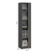 A tall, narrow, dark gray storage cabinet with its door open, revealing several shelves with folded clothes and storage boxes. Produktbild-Vorschau