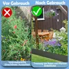 A split image showing a garden before and after using a lawn edge. The 'before' side shows overgrown weeds, while the 'after' side displays a neat garden with a wooden table and chairs. Produktbild-Vorschau