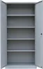 An empty, open gray metal cabinet with multiple shelves. Produktbild-Vorschau