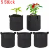 A product shot of five black fabric grow bags, two of which contain small plants. Produktbild-Vorschau