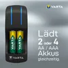 A VARTA battery charger with two AA batteries inserted, with German text and the VARTA logo. Voir les images du produit
