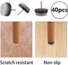 A collage showing furniture leg protectors, their features, and a demonstration of their use on a floor. Produktbild-Vorschau