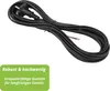 A black power cord is coiled on a white background, with a green overlay containing text. Produktbild-Vorschau