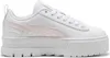 A white Puma Mayze LTH sneaker with pink accents is shown from the side against a white background. Produktbild-Vorschau