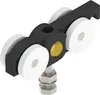 A 3D rendering of a black and white roller apparatus with a gold accent and a metal threaded bolt. Produktbild-Vorschau