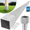 A product shot of a ground spike for a wooden post, with a close-up inset showing the spike attached to a post in the grass. Produktbild-Vorschau