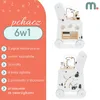 A split image showing a wooden activity walker for babies. The left side features text and icons describing the product's features, while the right side shows two views of the walker itself, highlighting its design and various play elements. Produktbild-Vorschau