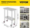 A collage of images showing a stainless steel work table with wheels, dimensions, and product specifications. Podgląd zdjęcia produktu