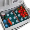 The inside of an open cooler with bottles of water, a can of drink, strawberries, and a sausage. Podgląd zdjęcia produktu
