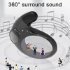 A black wireless earbud is shown with musical notes and small figures of musicians playing instruments, suggesting surround sound. Produktbild-Vorschau