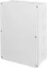 A white electrical junction box with multiple circular knockouts on the side. Produktbild-Vorschau