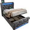 A gray upholstered bed with storage and LED lighting, shown with the storage compartment open. Produktbild-Vorschau