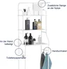 A white metal shelf unit designed to fit over a toilet, showcasing various bathroom accessories and toiletries. Produktbild-Vorschau